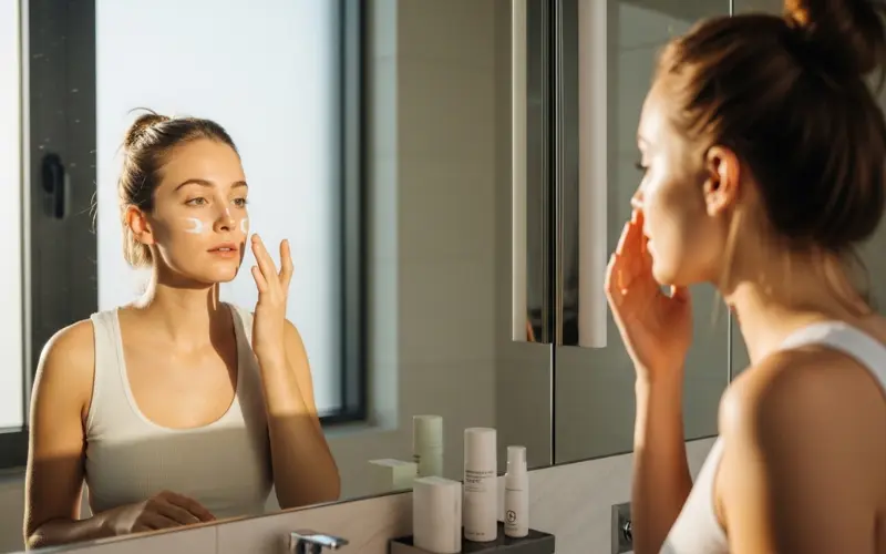 Woman applying sunscreen in morning sunlight, bright bathroom, natural glow, minimal skincare routine.