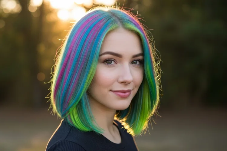 Color-treated shoulder length hair, vibrant highlights, sun-protected glossy finish, outdoor portrait.