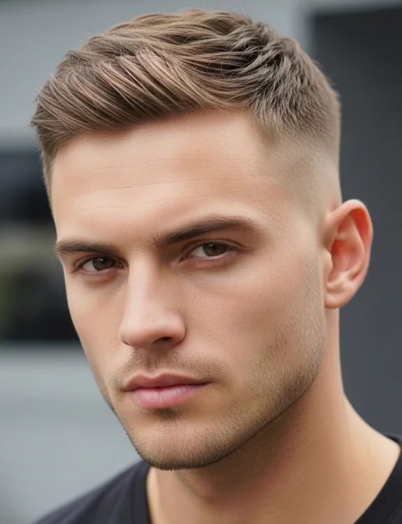 Short low taper fade haircut, minimal length, athletic clean look.