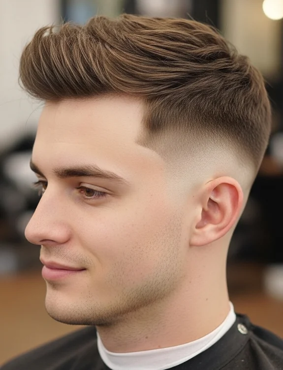 Shorter middle section: haircut of men with fade on sides. 