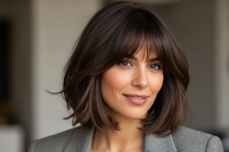 Oblong face woman with shoulder length haircut, volume at sides, bangs included.