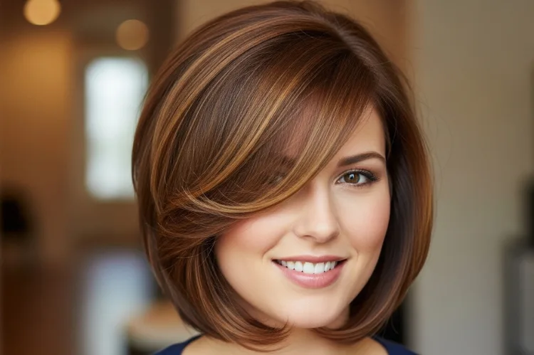 Woman with round face, layered shoulder length haircut, side part, slimming hairstyle effect.