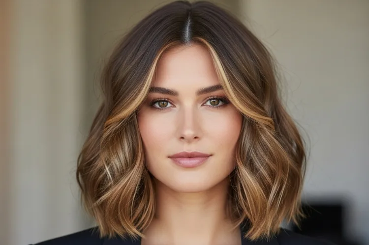 Square face woman with textured shoulder length waves, soft layers around jawline.