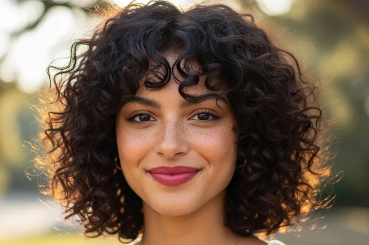Curly hair woman with shoulder length haircut, defined curls, layered cut.