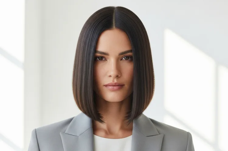Woman with sleek straight shoulder length haircut, blunt lob, modern minimal style.