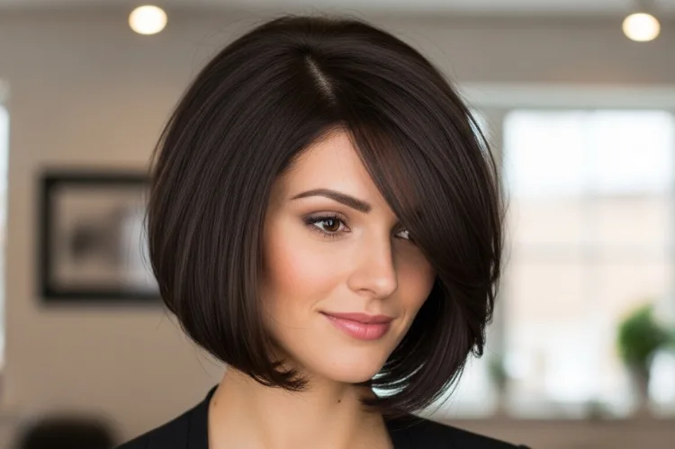 Fine hair woman with blunt shoulder length haircut, volume-focused look.