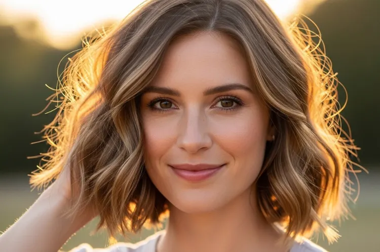 Woman with natural wavy shoulder length hair, textured lob, effortless styling.