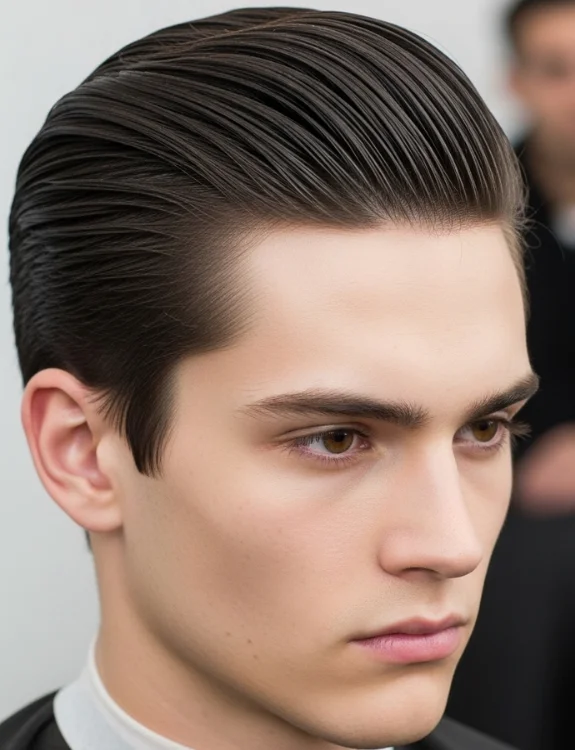 Slicked back middle part men’s haircut polished finish