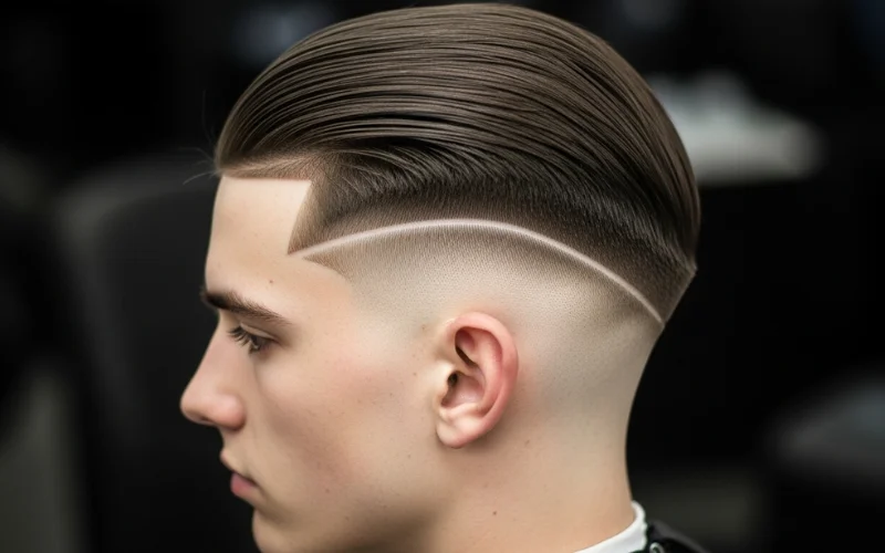 Straight hair undercut with precise fade, sharp clean clipper lines.