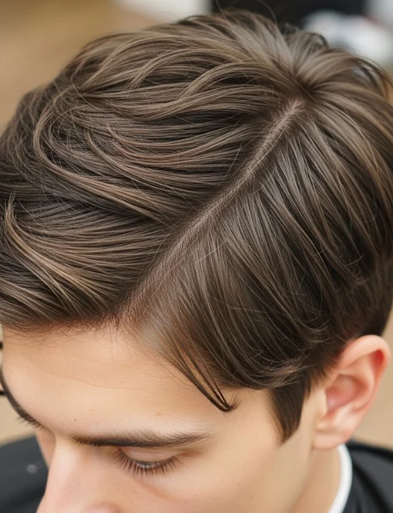 Textured middle part hairstyle with choppy layers of hair and natural parting.