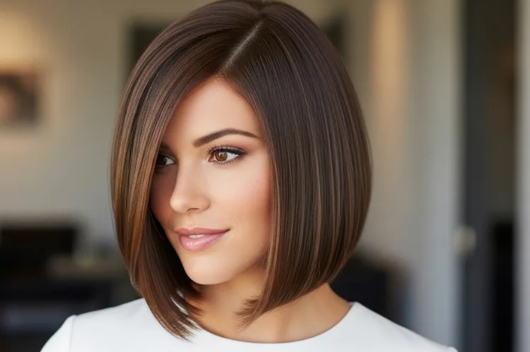 Woman with A-line shoulder length bob haircut, angled front, sleek style.