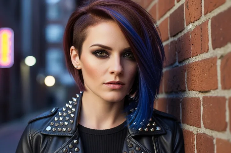 Woman with asymmetrical shoulder length haircut, creative edgy look.