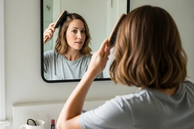 Woman styling shoulder length hair at home, simple daily routine, minimal tools, natural daylight