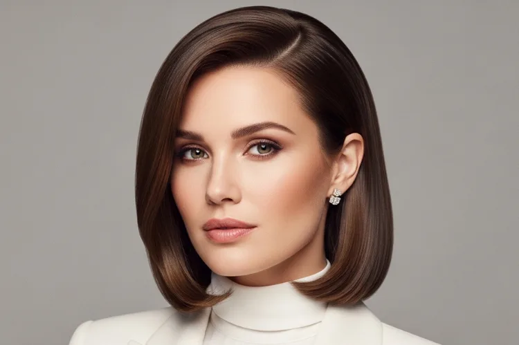 Woman with classic shoulder length lob haircut, polished look, studio portrait.