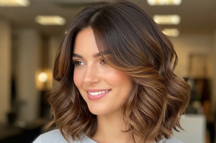 Woman with butterfly layers shoulder length haircut, face framing layers.