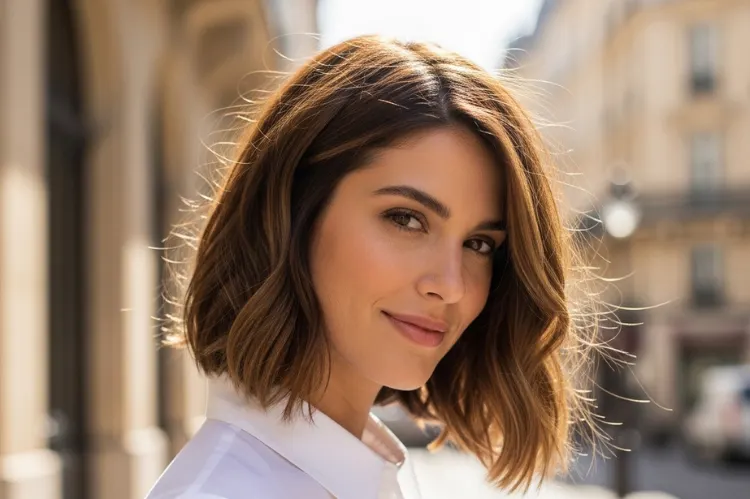 French-inspired shoulder length bob, soft texture, effortless Parisian style.