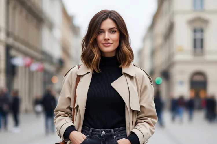 Italian bob shoulder length haircut, soft volume, European fashion style.