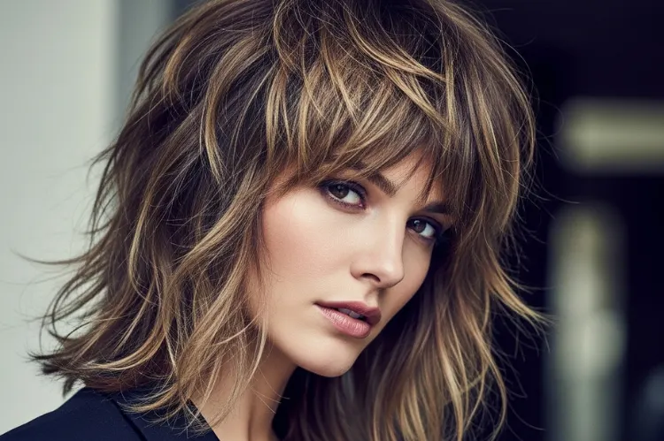 Woman with shoulder length wolf cut, edgy layered hairstyle.