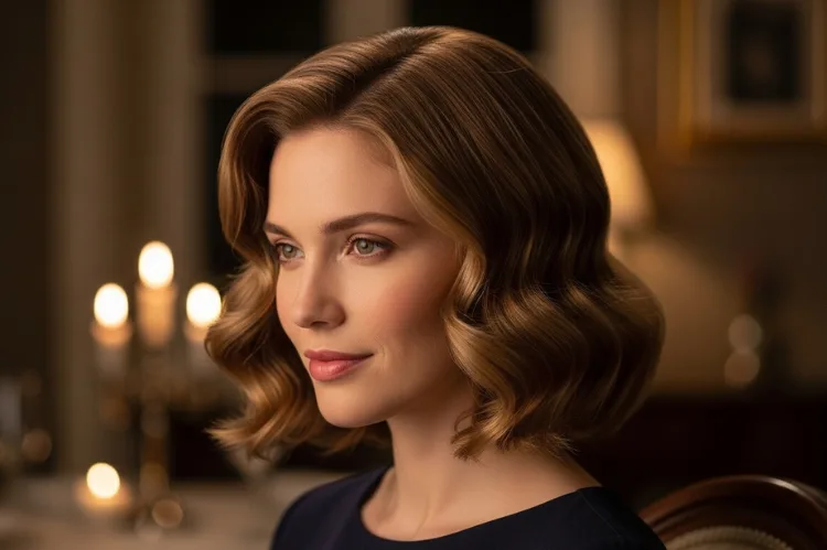 Woman with romantic wavy shoulder length haircut, soft curls, elegant vibe.