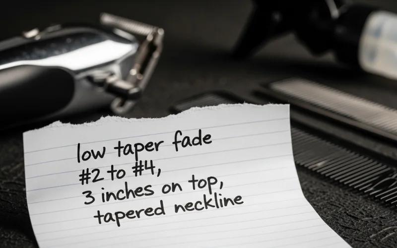 handwritten haircut script paper reading “low taper fade #2 to #4, 3 inches on top, tapered neckline.