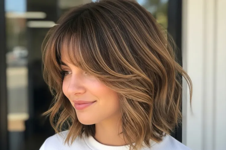 Woman with shaggy shoulder length lob and curtain bangs, modern layered cut.