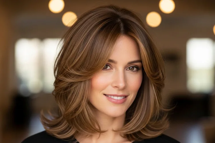 Woman with soft shag shoulder length haircut, feathered layers, trendy style.