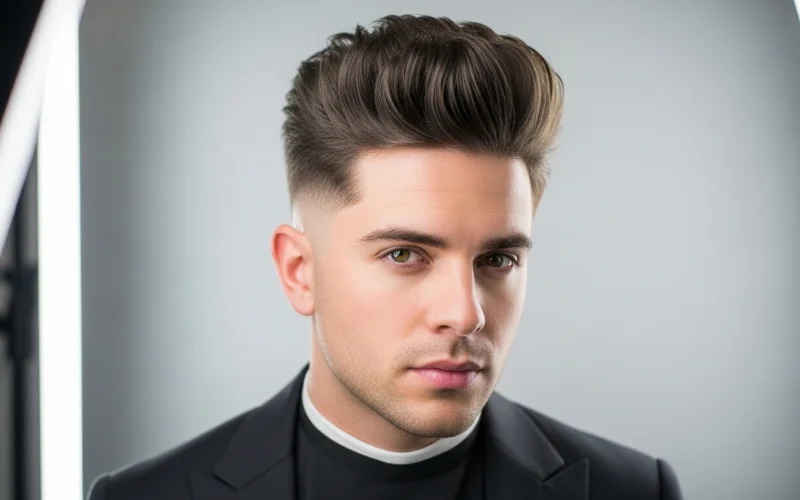 Man with dense thick hair styled into textured top with short faded sides, strong volume.