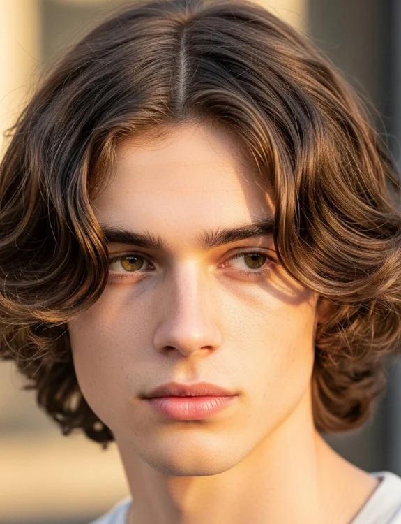 Wavy middle part male hairstyle with natural soft waves. 