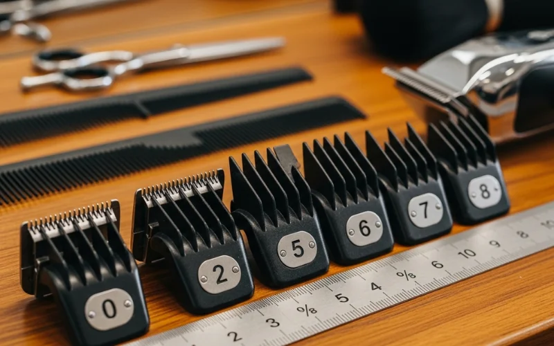 macro shot of hair clipper guards arranged in order from 0 to 8 on a wooden barber station.