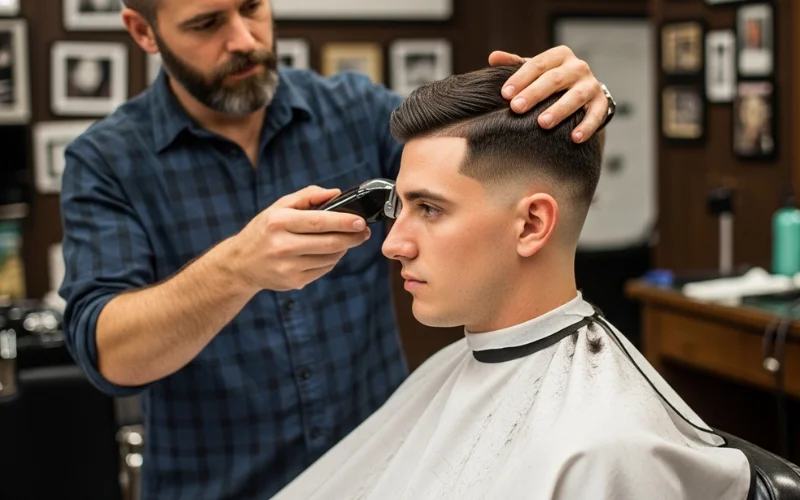 Cinematic barbershop scene, man getting a low taper fade haircut, barber blending sides with clippers near the ear.