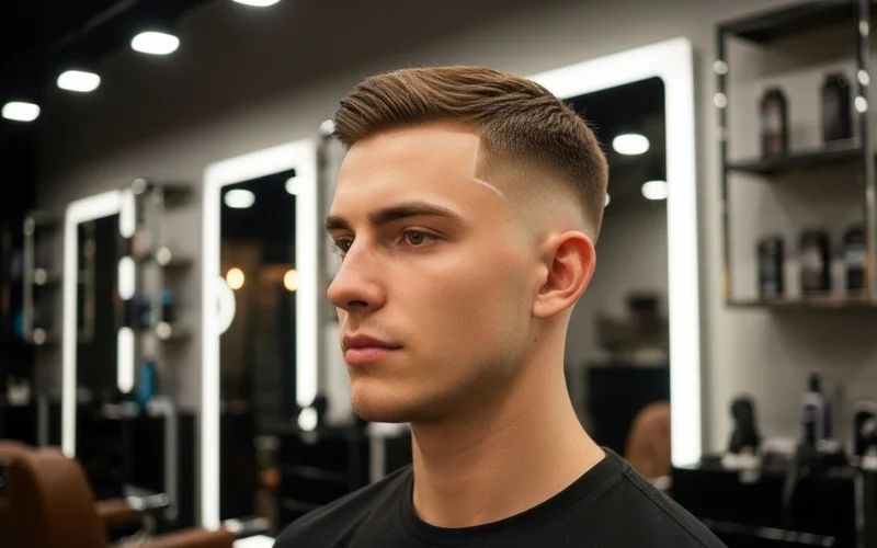 Low taper fade haircut on male model, clean fade starting above ears, natural neckline.