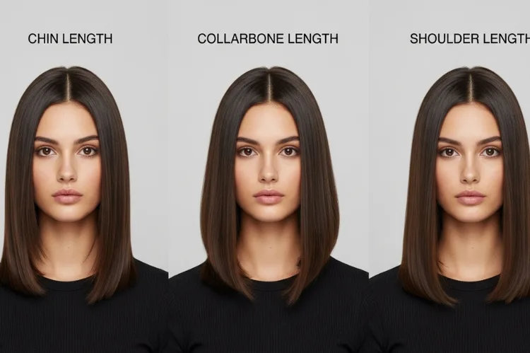 Hair length comparison chart showing chin, collarbone, and shoulder length haircut on female model.