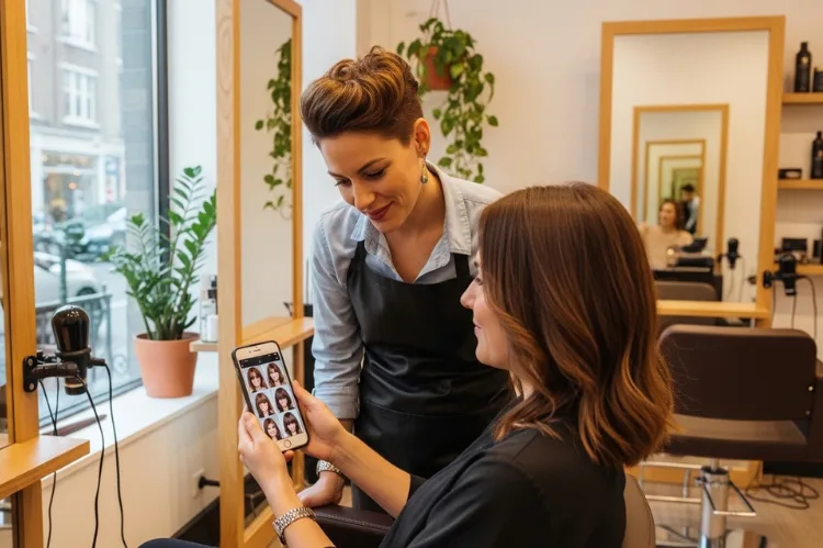 Woman showing haircut reference photos to hairstylist, consultation moment, modern salon setting.