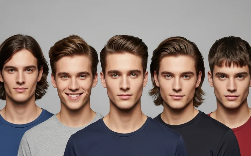 Create a image showing five male models standing side by side.