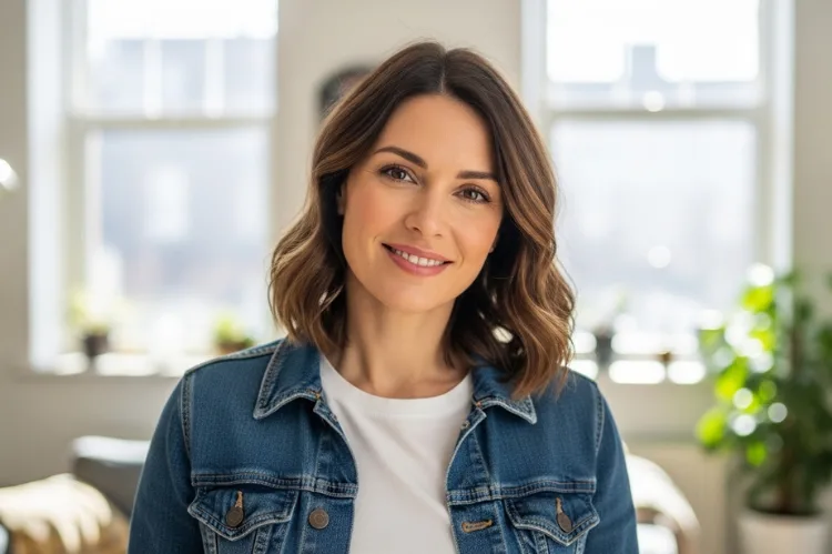 Confident woman with shoulder length hairstyle, casual outfit, natural daylight, everyday lifestyle look.