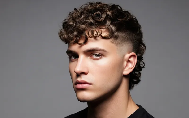 modern curly mullet hairstyle, low fade, 3A curls, sharp jawline, studio lighting.