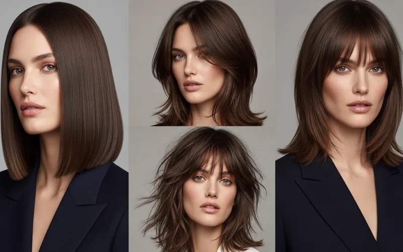 “woman with modern shoulder length haircut collage, multiple styles (lob, layered, shag, bangs), clean background, soft lighting, beauty editorial style, high detail”