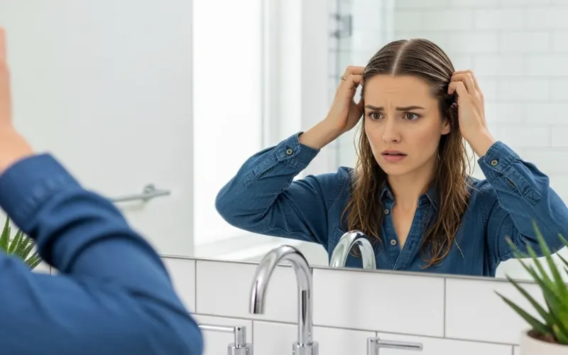 woman with visibly oily hair roots looking concerned in mirror, clean aesthetic bathroom background.