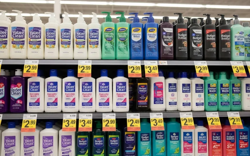 budget shampoo bottles on store shelf, price tags visible, bright lighting.