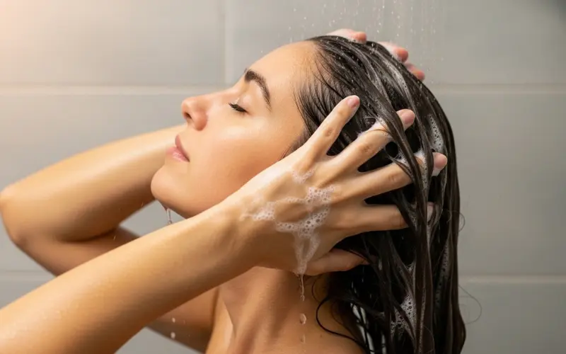 woman washing fine hair in shower, gentle lather, soft texture.