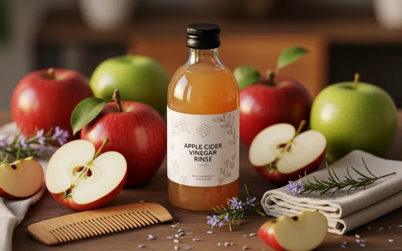 apple cider vinegar bottle with apples and hair care theme, soft warm lighting.