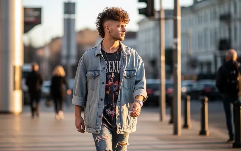 trendy modern curly mullet hairstyle 2026, stylish young man, street style fashion.
