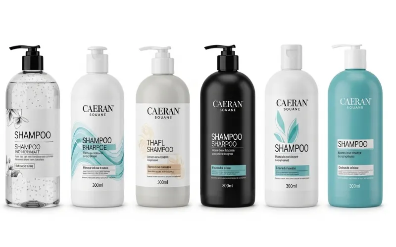 top shampoo bottles neatly arranged, minimal white background, clean comparison style.