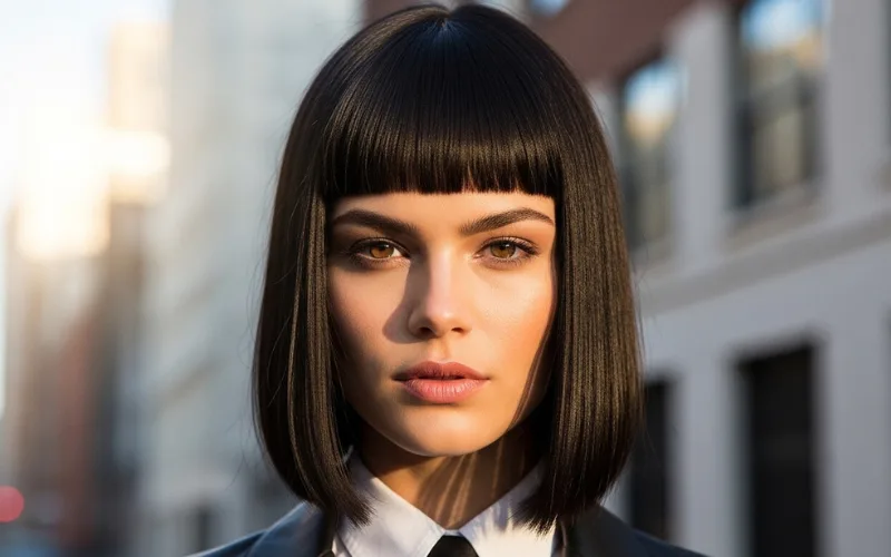 “baby bangs with blunt lob haircut, bold edgy look, straight sharp cut”
