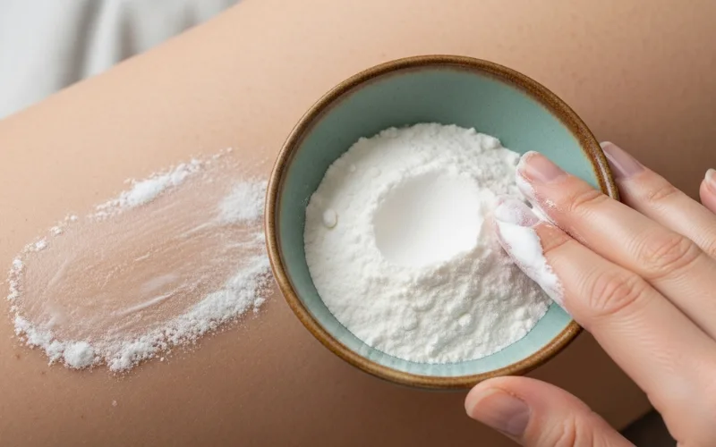 “Small bowl with baking soda and dish soap paste, hand applying paste to skin stain”
