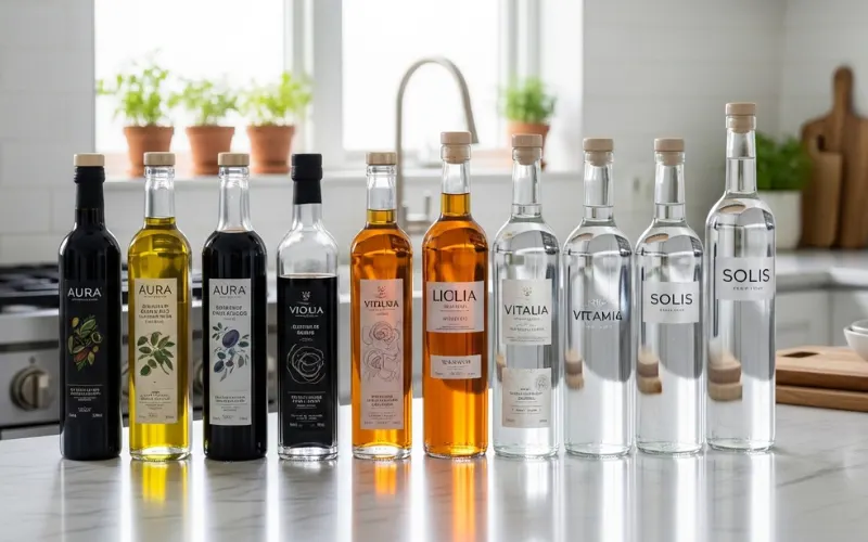 glass bottles for beverages and oils, clean setup, modern kitchen.