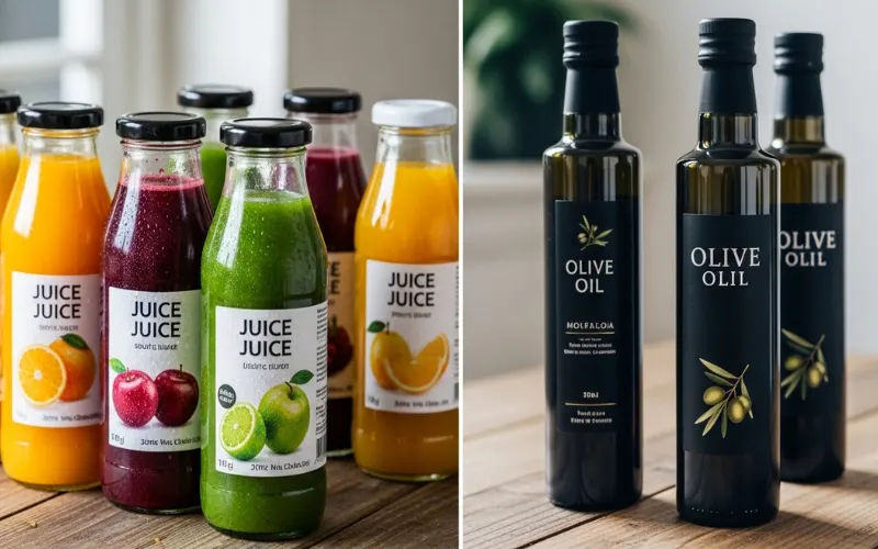 juice bottles and oil bottles side by side, comparison concept.