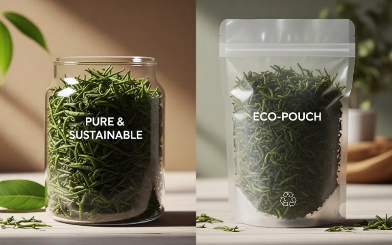 glass vs plastic containers comparison, eco-friendly packaging concept.