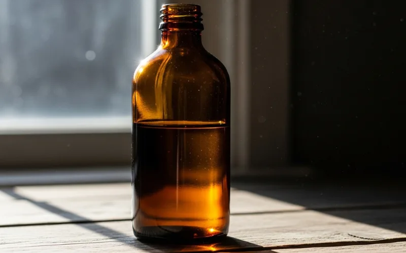 dark glass bottle protecting liquid from sunlight, light vs protection concept.