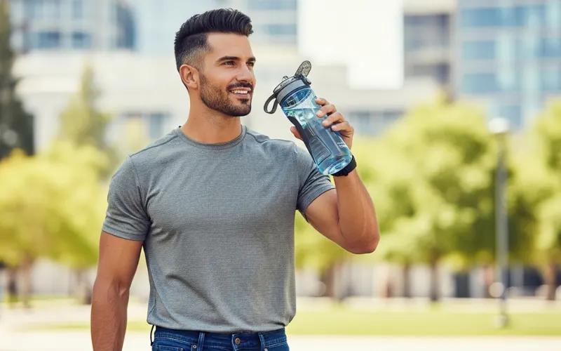 modern water bottle with ergonomic design, spill-proof lid, lifestyle use.